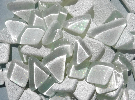 White Glitter Puzzle Tiles - 100 grams in Assorted Shapes Glass Mosaic Tiles - - Snow Icicle