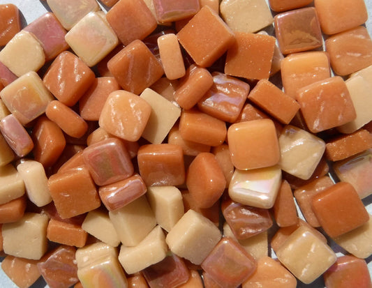 Caramel Mix Mini Glass Tiles - 8mm Square - 50 grams Opaque Glass Solid Color Mix of Bright and Pale Brown Iridescent and Matte Tiles