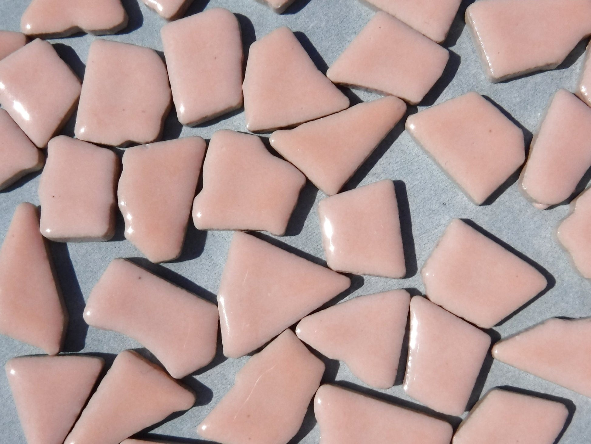 Pale Pink Mosaic Ceramic Tiles - Jigsaw Puzzle Shaped Pieces - Half Pound - Assorted Sizes Random Shapes