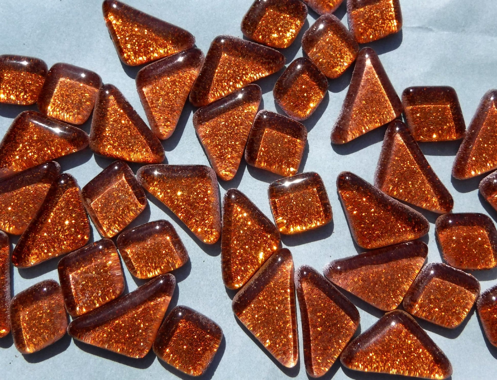 Orange Glitter Puzzle Tiles - 100 grams in Assorted Shapes Glass Mosaic Tiles