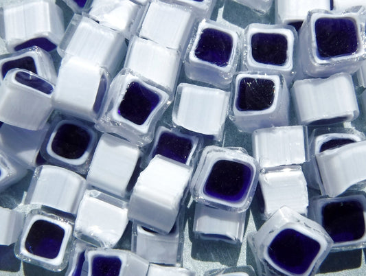 Blue and White Square Millefiori - 25 grams - Unique Mosaic Glass Tiles