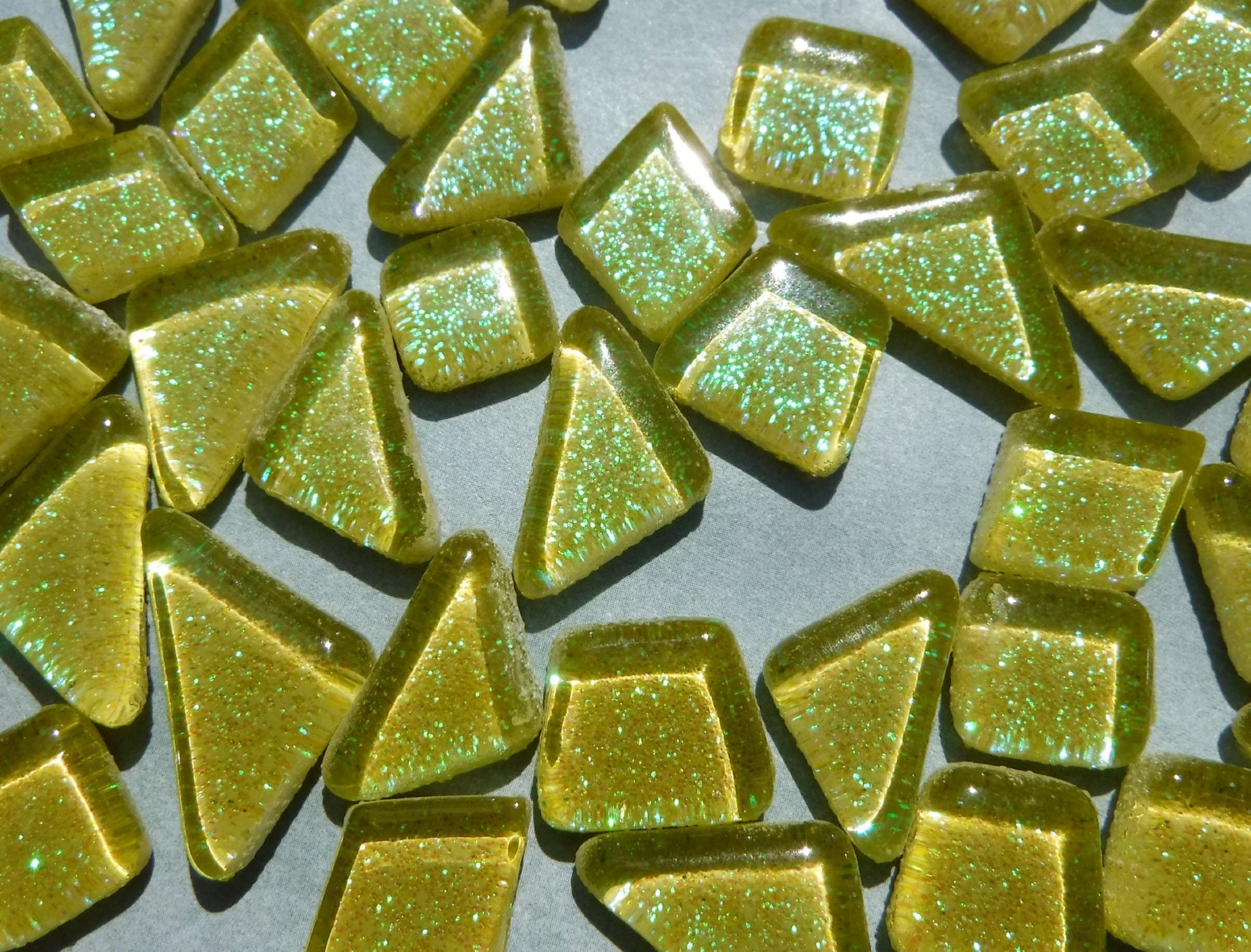Yellow Glitter Puzzle Tiles - 100 grams in Assorted Shapes Glass Mosaic Tiles - Approx 45 Tiles