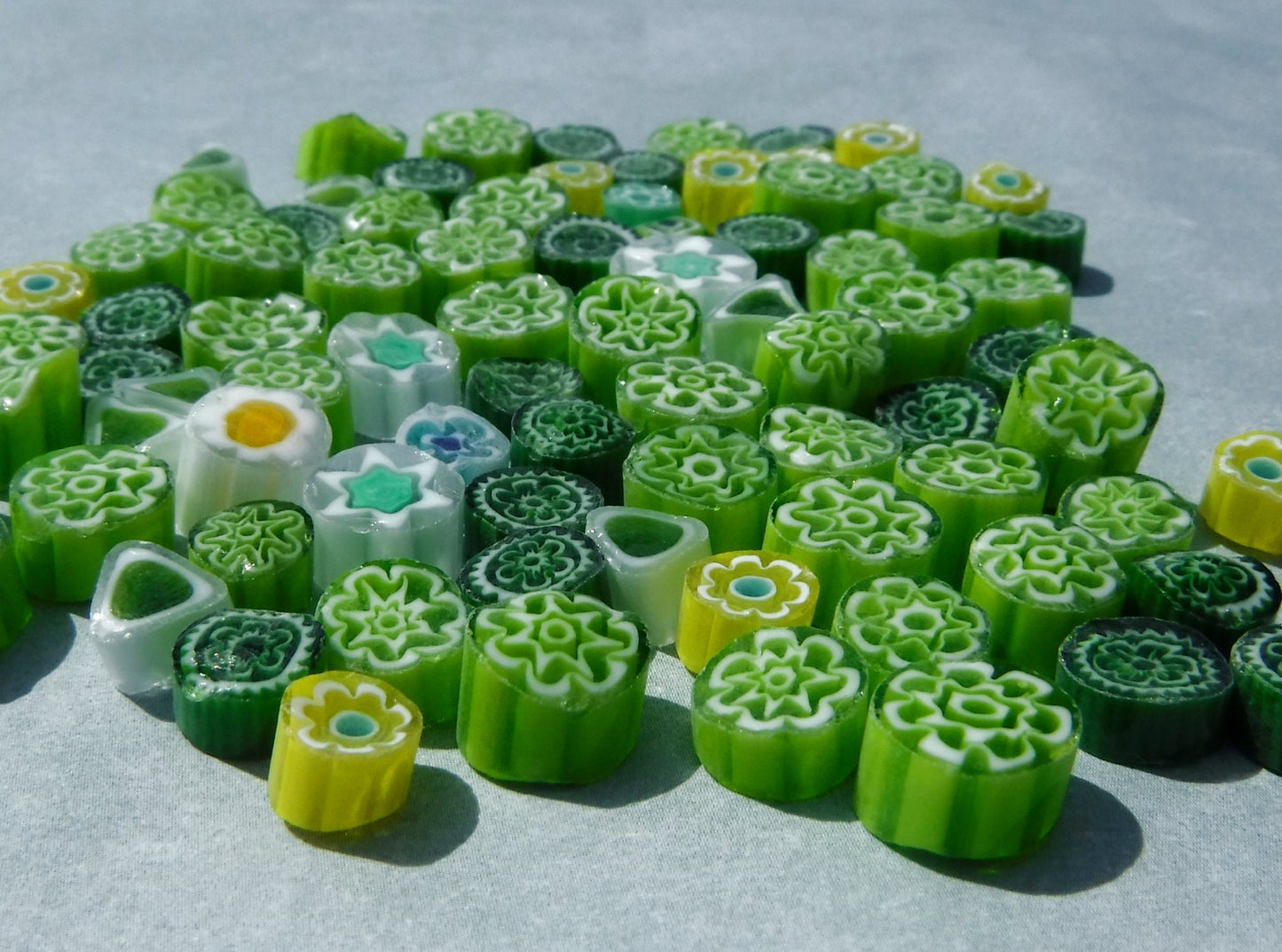 Green Millefiori - 25 grams - Unique Mosaic Glass Tiles - Mix of Different Patterns Shapes and Colors