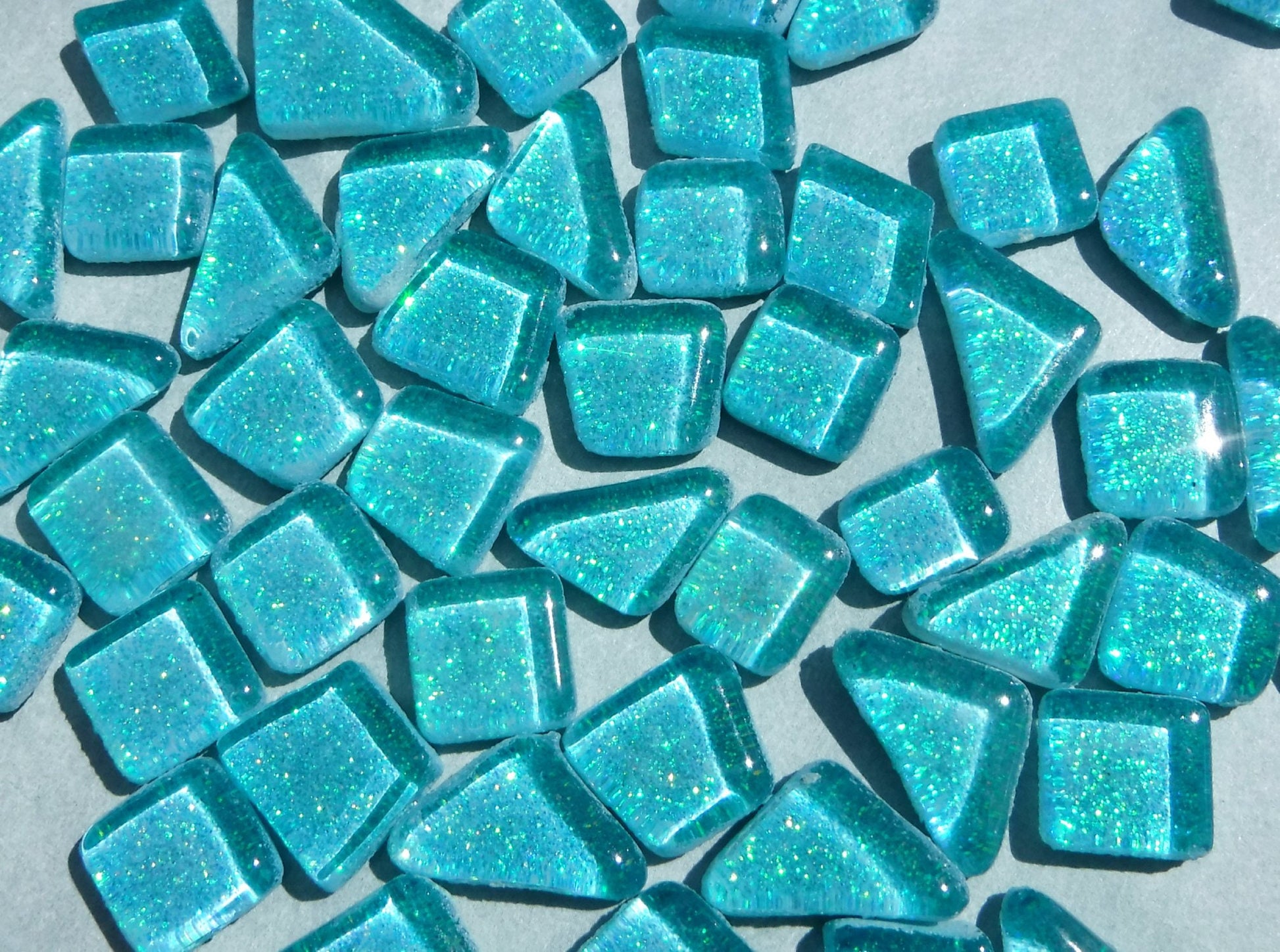 Poolside Blue Glitter Puzzle Tiles - 100 grams in Assorted Shapes Glass Mosaic Tiles