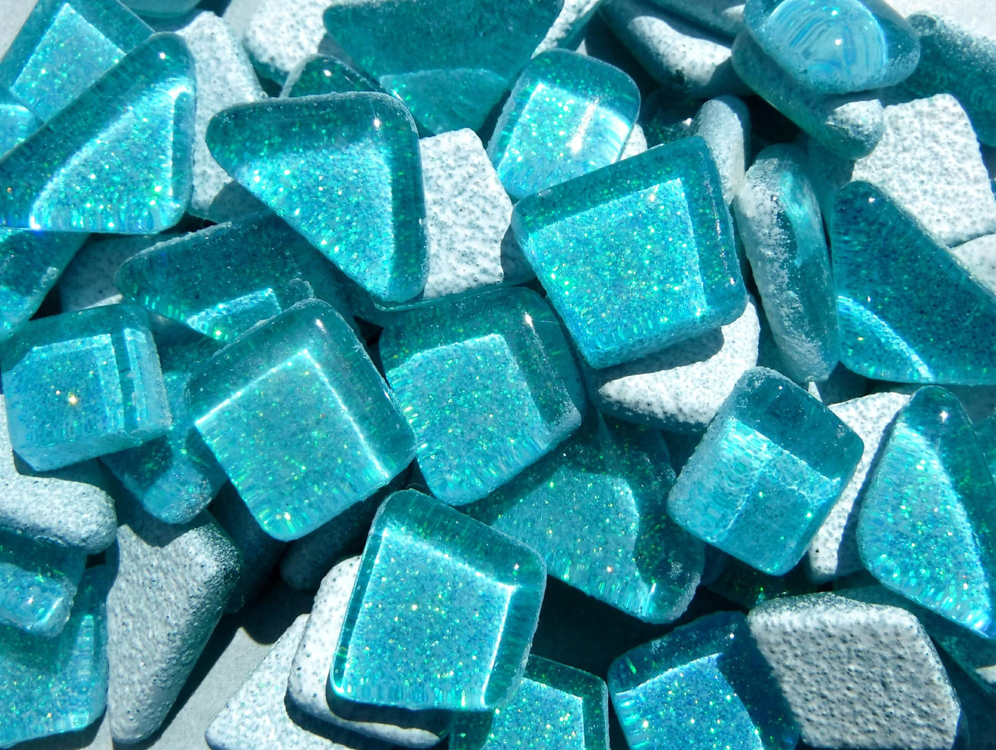 Poolside Blue Glitter Puzzle Tiles - 100 grams in Assorted Shapes Glass Mosaic Tiles