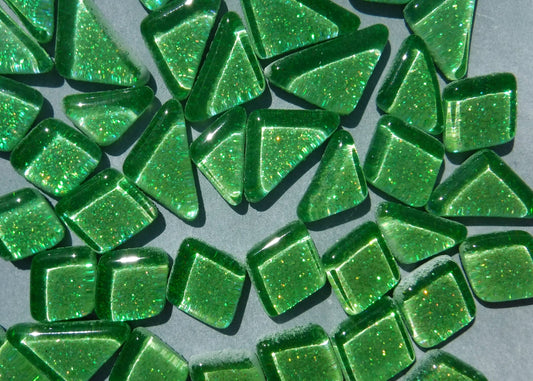 Bright Candy Green Glitter Puzzle Tiles - 100 grams in Assorted Shapes Glass Mosaic Tiles