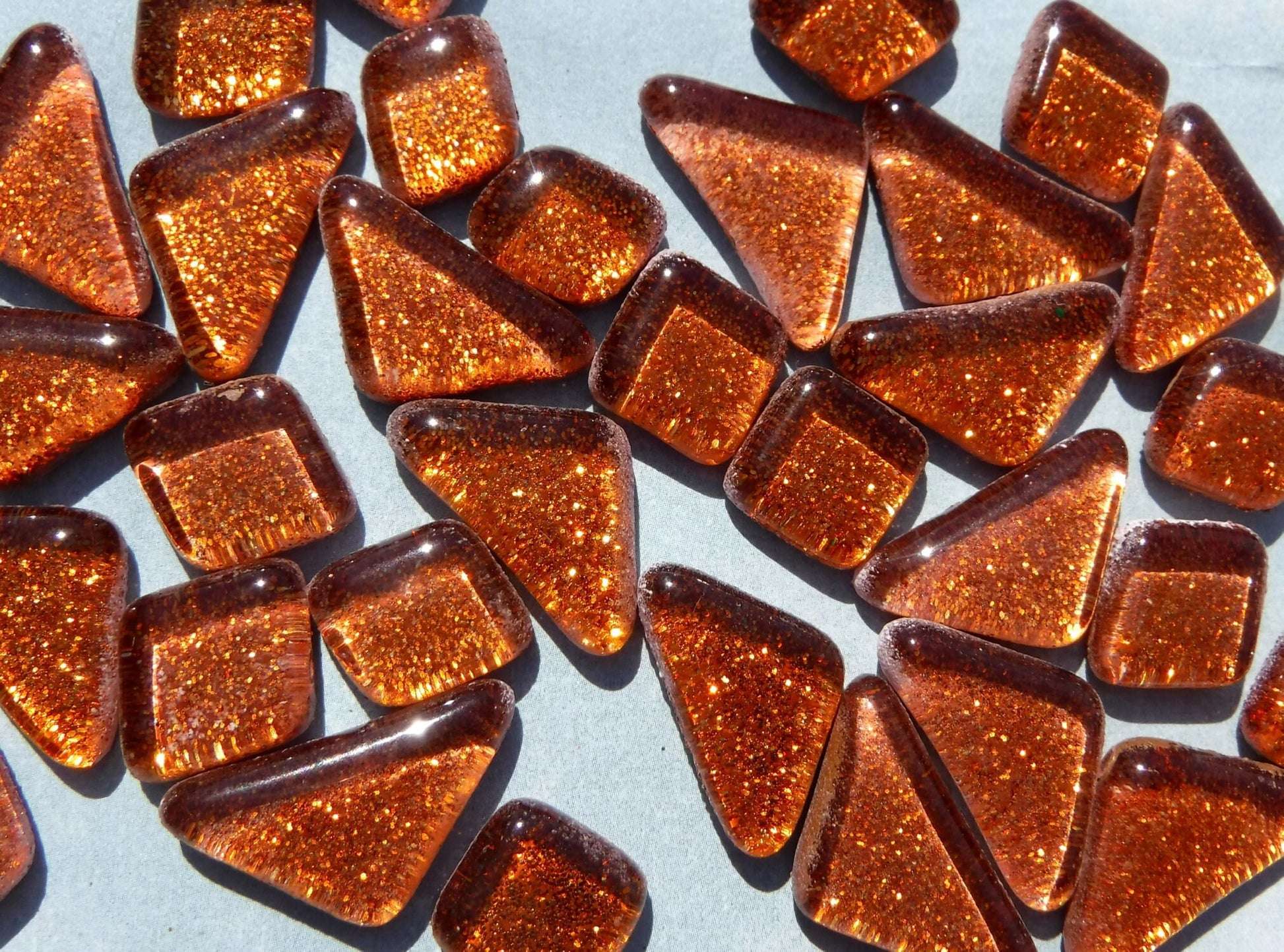 Orange Glitter Puzzle Tiles - 100 grams in Assorted Shapes Glass Mosaic Tiles
