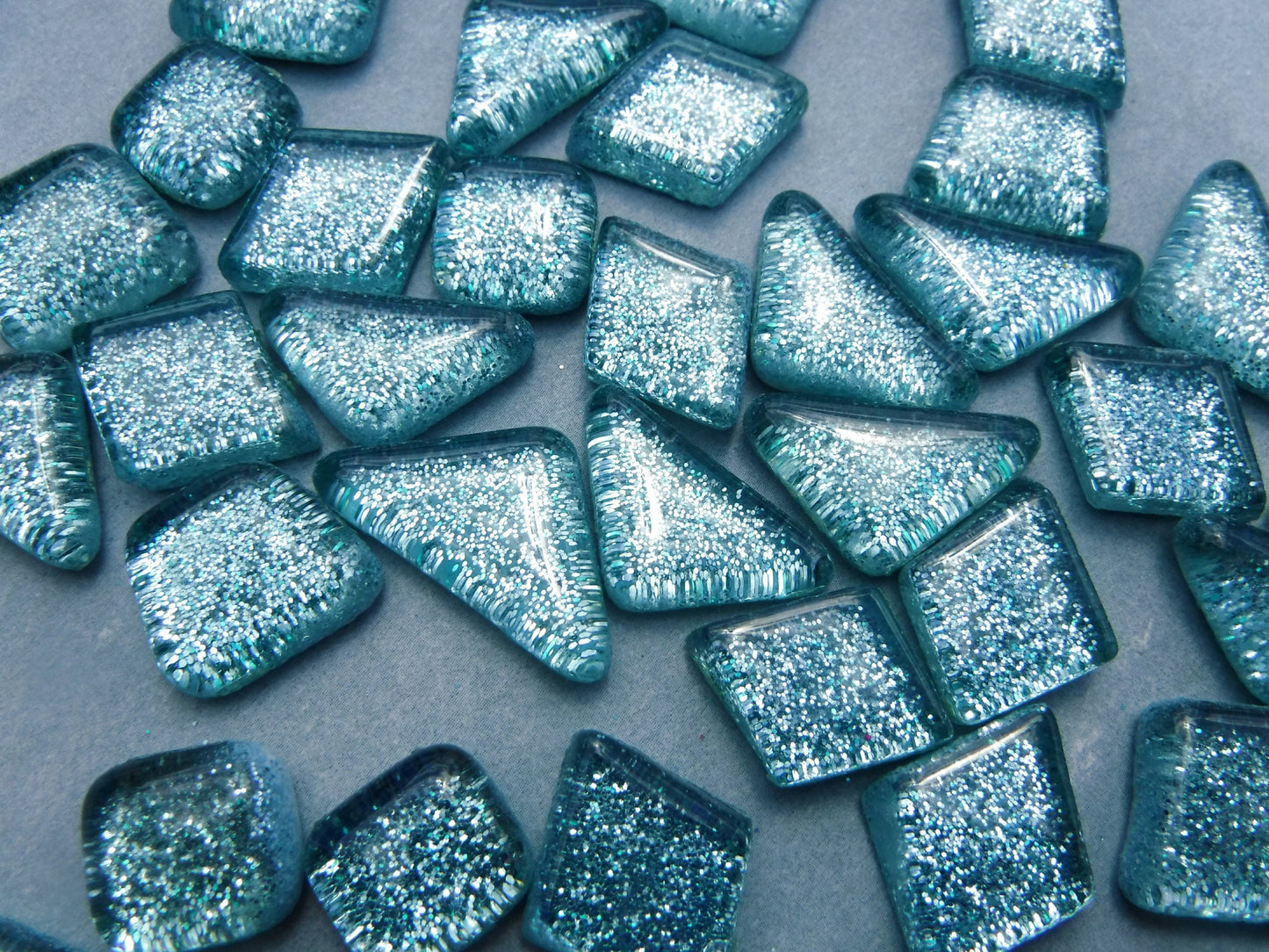 Raindrop Blue Glitter Puzzle Tiles - 100 grams in Assorted Shapes Glass Mosaic Tiles