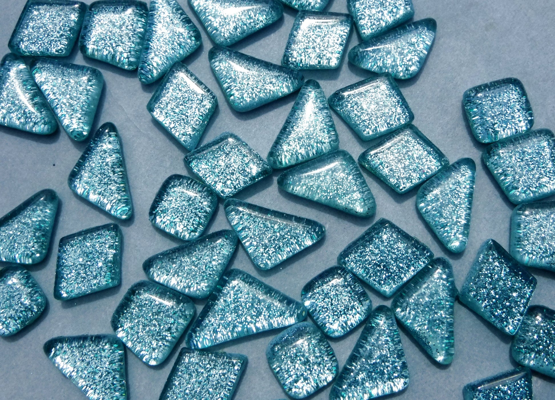 Raindrop Blue Glitter Puzzle Tiles - 100 grams in Assorted Shapes Glass Mosaic Tiles