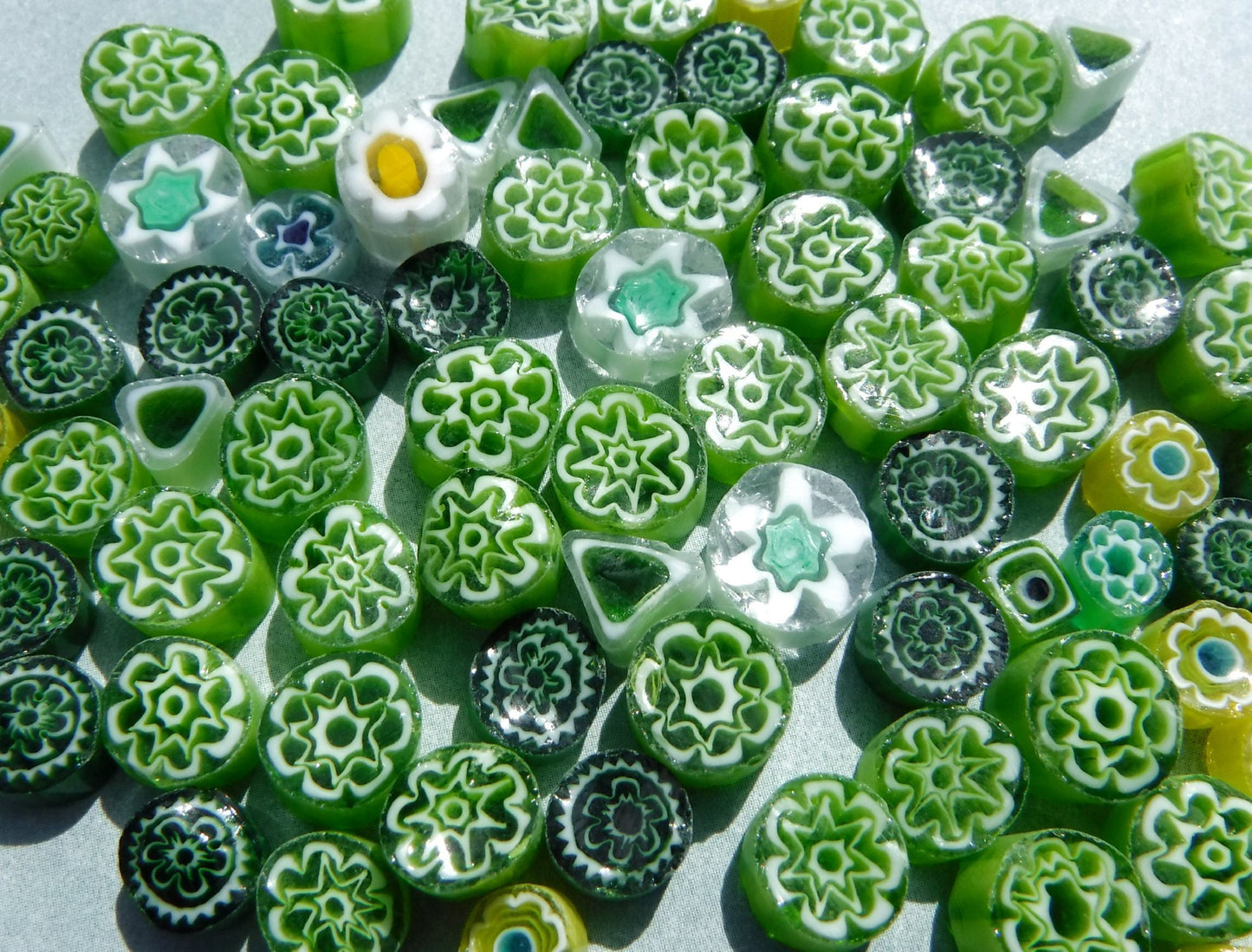 Green Millefiori - 25 grams - Unique Mosaic Glass Tiles - Mix of Different Patterns Shapes and Colors