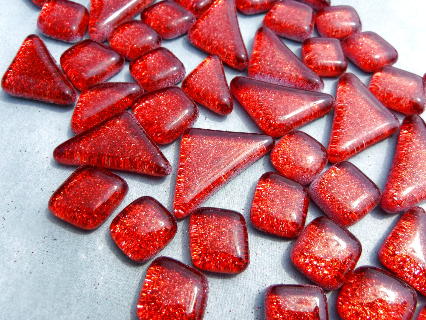 Red Glitter Puzzle Tiles - 100 grams in Assorted Shapes Glass Mosaic Tiles