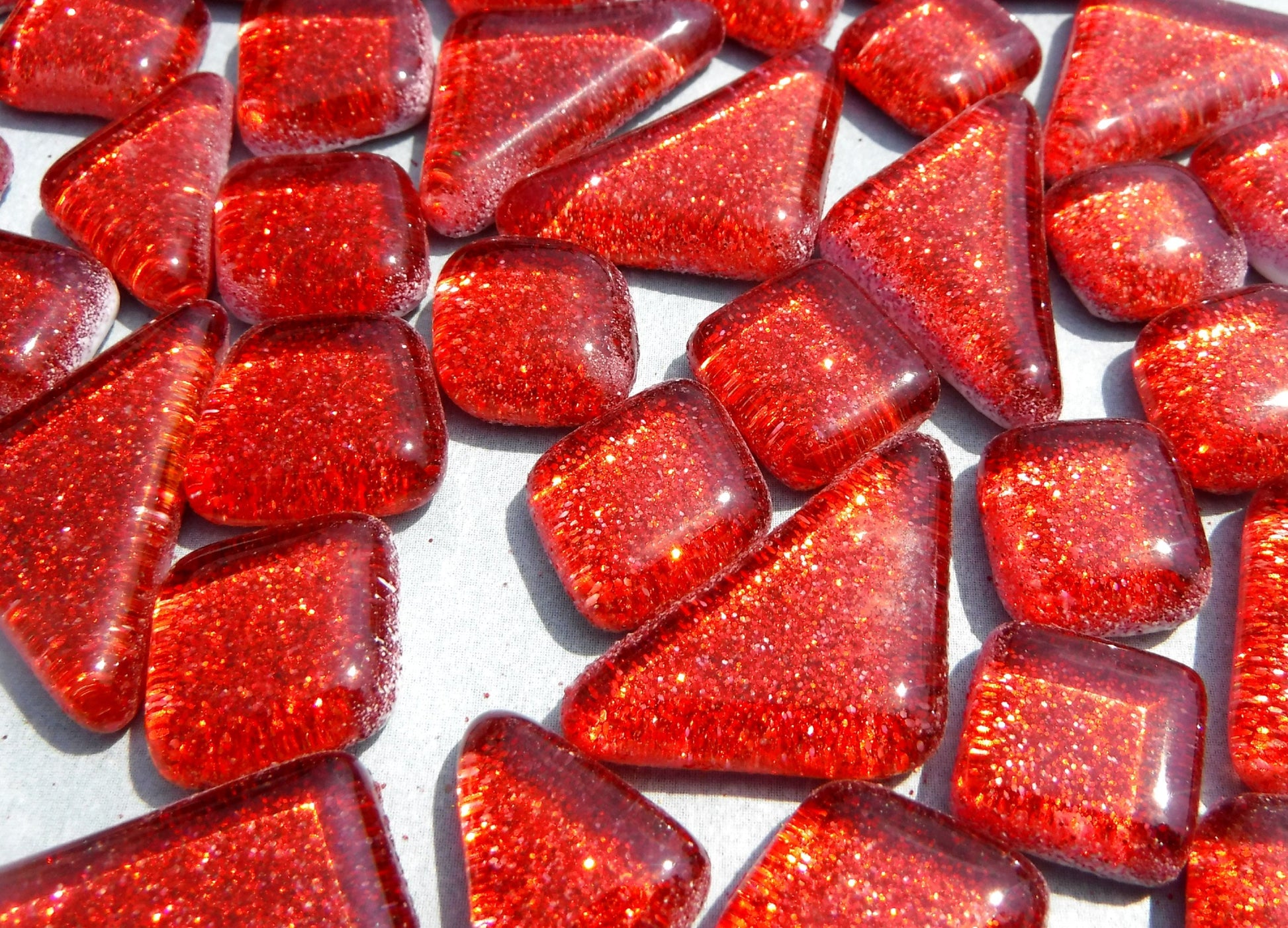 Red Glitter Puzzle Tiles - 100 grams in Assorted Shapes Glass Mosaic Tiles