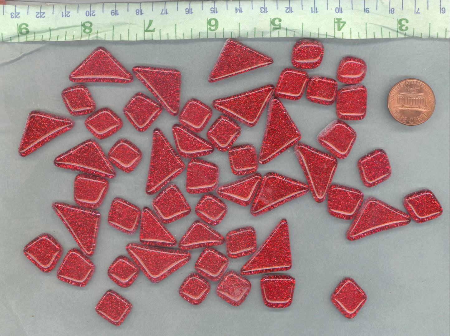 Red Glitter Puzzle Tiles - 100 grams in Assorted Shapes Glass Mosaic Tiles
