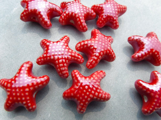 Tomato Red Starfish Beads - Ceramic Mosaic Tiles - 10 Puffy Sea Star - Jewelry Supplies