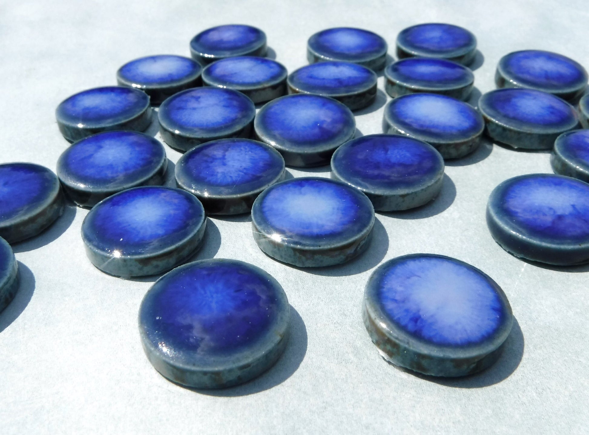 Stone Washed Blue Ceramic Tiles - 2 cm Penny Rounds Mosaic Tiles - 25 Tiles - Porcelain Circles