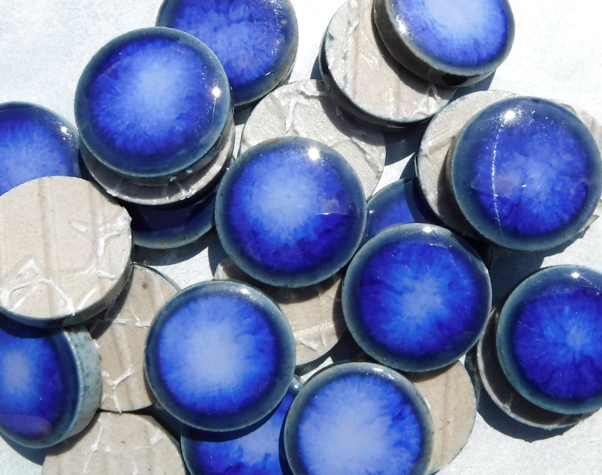Stone Washed Blue Ceramic Tiles - 2 cm Penny Rounds Mosaic Tiles - 25 Tiles - Porcelain Circles