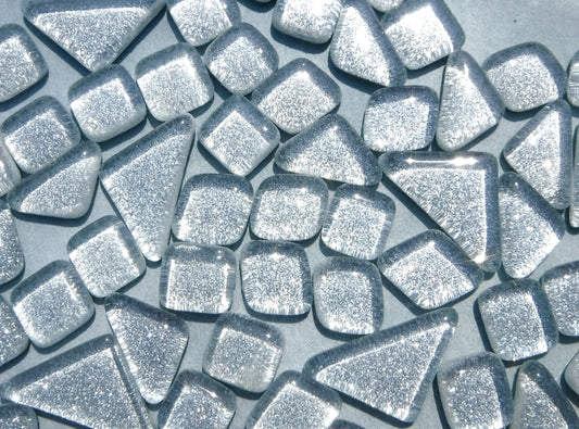 Silver Glitter Puzzle Tiles - 100 grams in Assorted Shapes Glass Mosaic Tiles