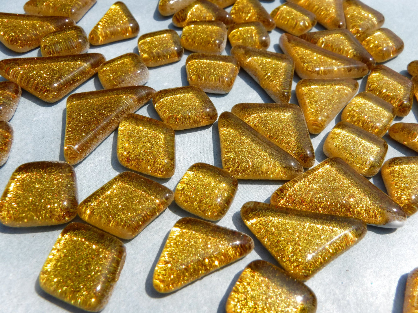 Gold Glitter Puzzle Tiles - 100 grams in Assorted Shapes Glass Mosaic Tiles