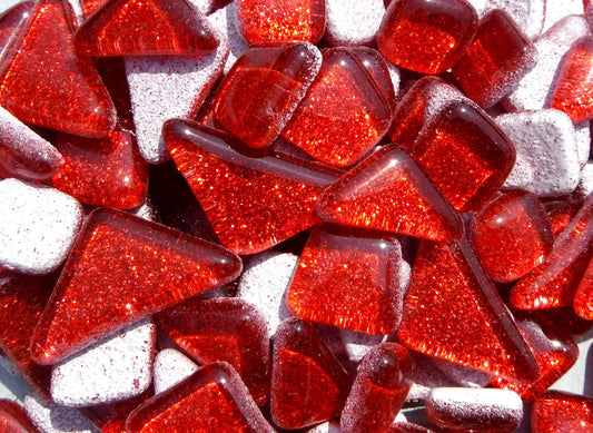 Red Glitter Puzzle Tiles - 100 grams in Assorted Shapes Glass Mosaic Tiles