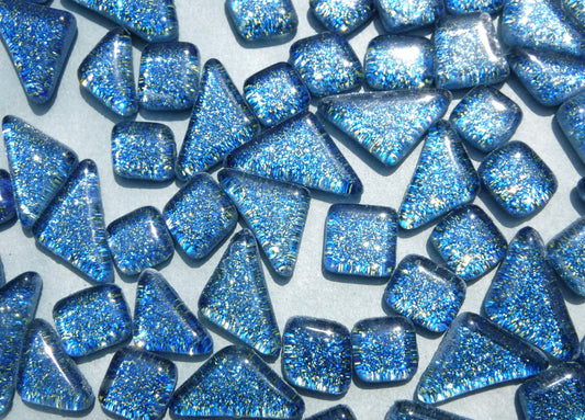 Blue and Gold Glitter Puzzle Tiles - 100 grams in Assorted Shapes Glass Mosaic Tiles
