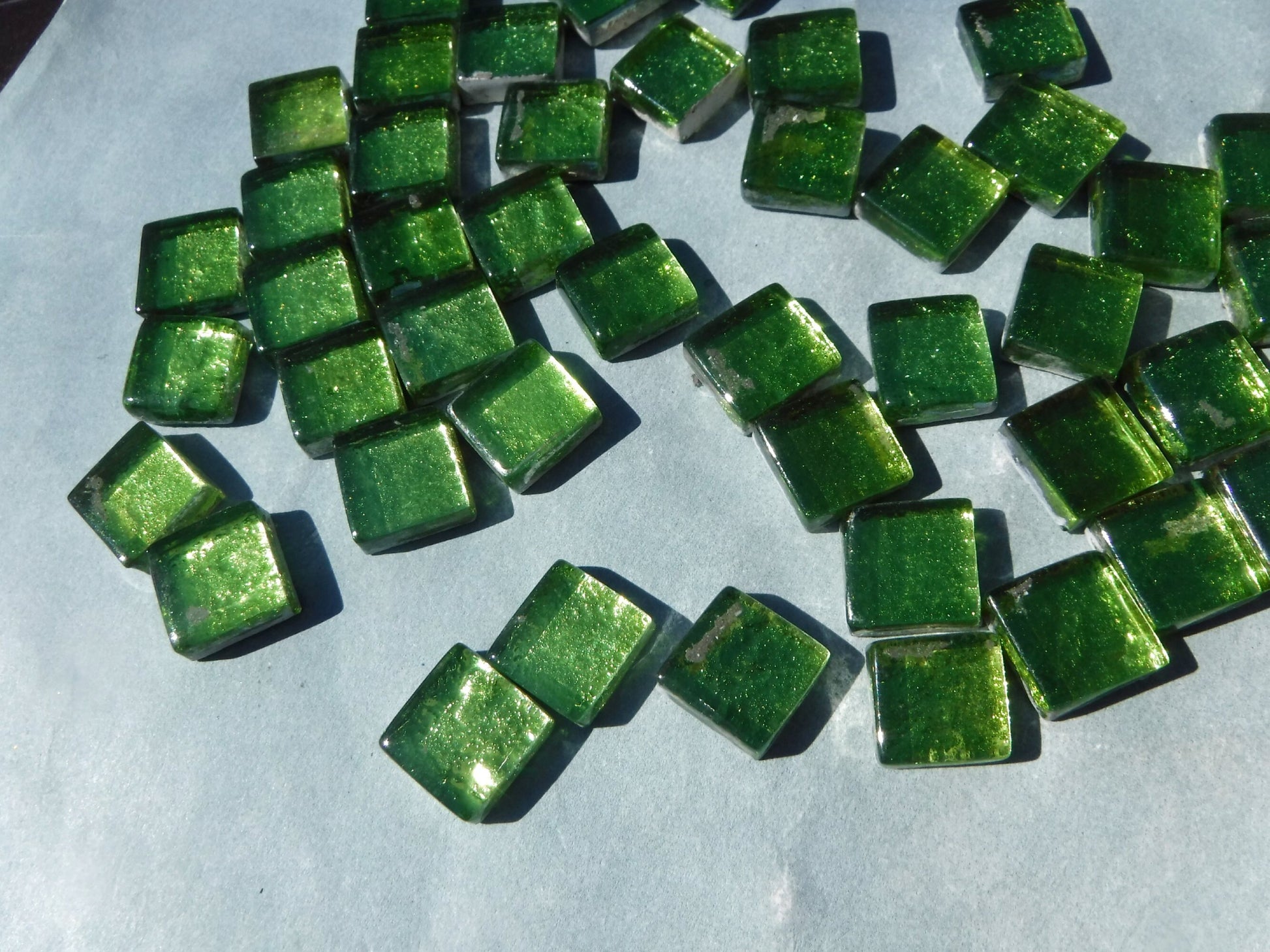 Green Foil Square Crystal Tiles - 12mm - 50g Metallic Glass Tiles in Chartreuse