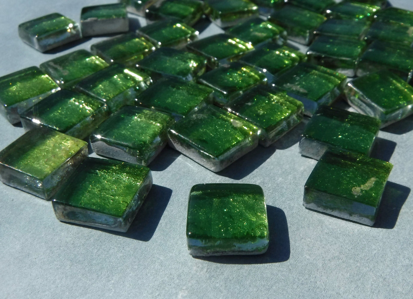 Green Foil Square Crystal Tiles - 12mm - 50g Metallic Glass Tiles in Chartreuse