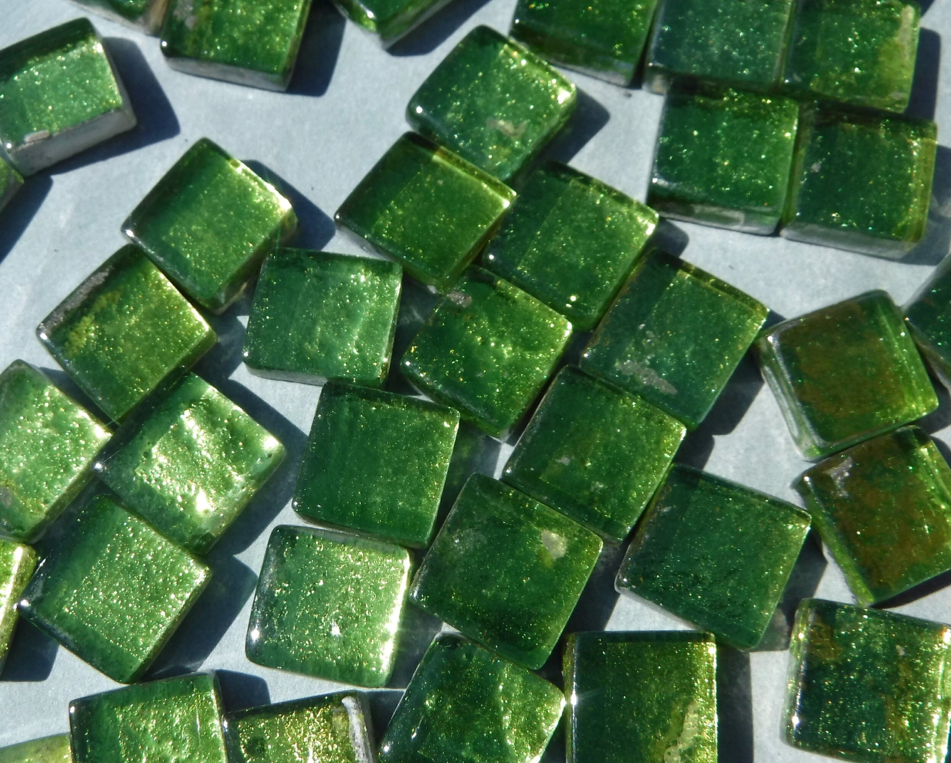 Green Foil Square Crystal Tiles - 12mm - 50g Metallic Glass Tiles in Chartreuse