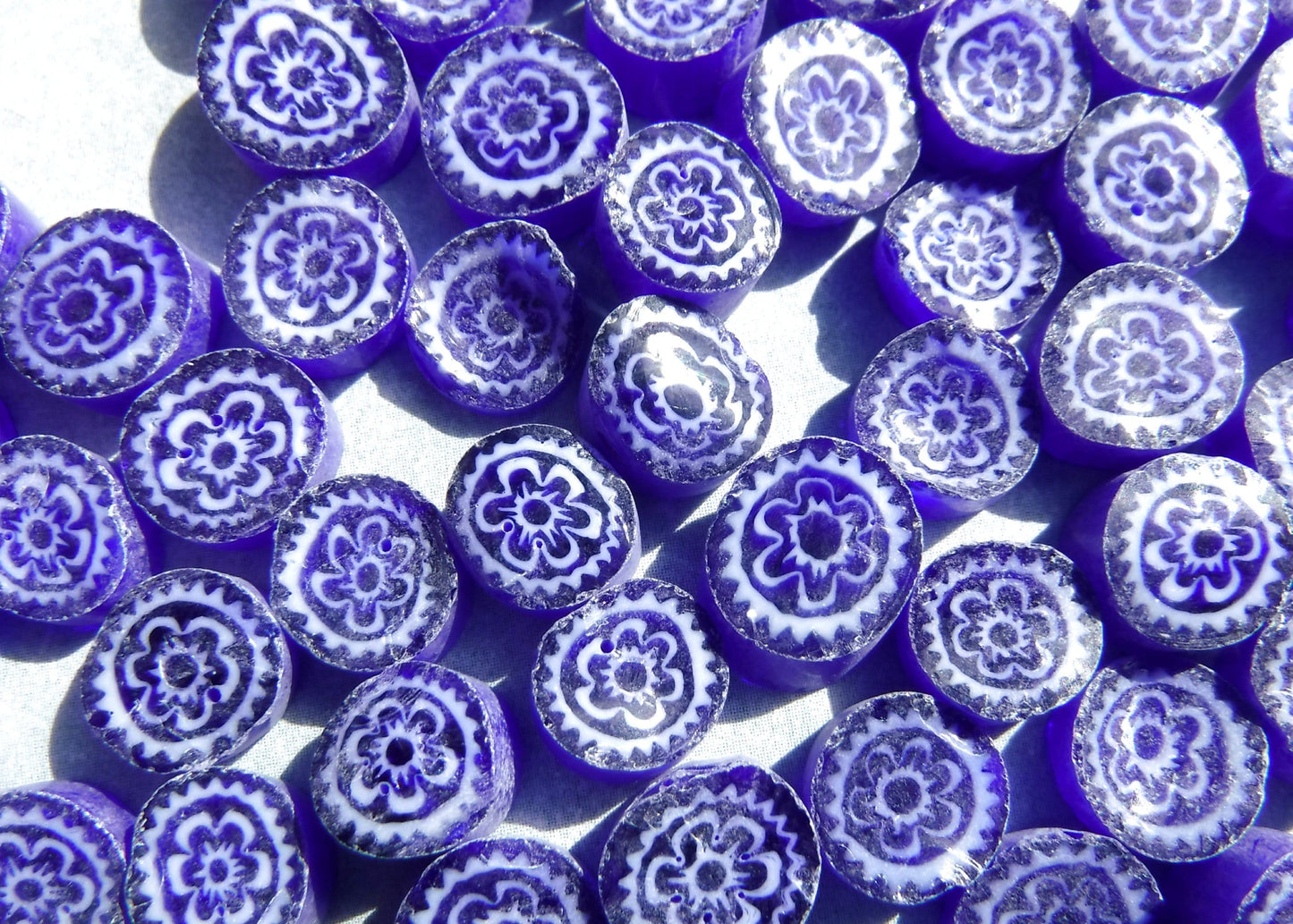White Flowers in Deep Blue Millefiori - 25 grams - Unique Mosaic Glass Tiles - Floral Pattern