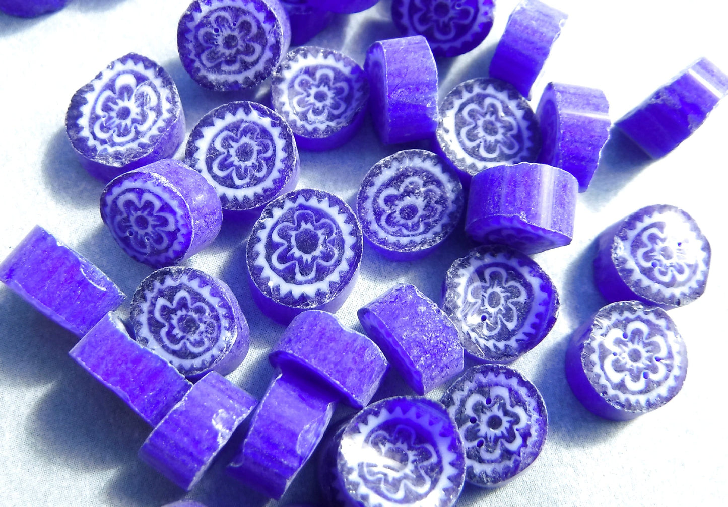 White Flowers in Deep Blue Millefiori - 25 grams - Unique Mosaic Glass Tiles - Floral Pattern