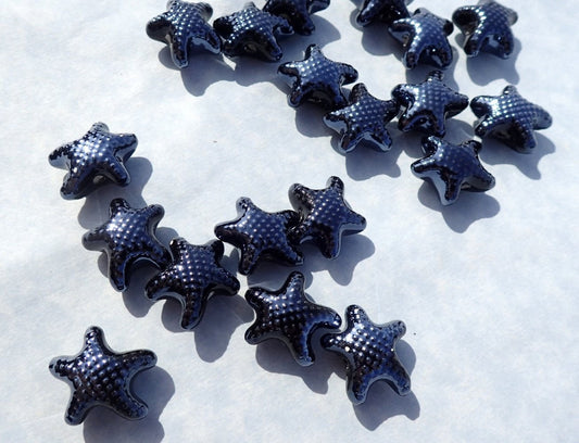 Black Starfish Beads - Ceramic Mosaic Tiles - 10 Puffy Sea Stars - Jewelry Supplies