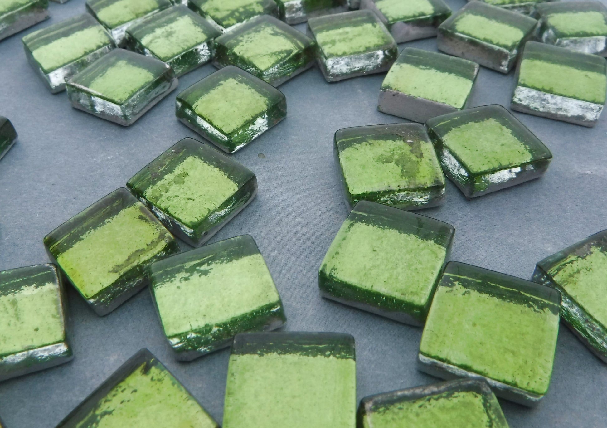 Green Foil Square Crystal Tiles - 12mm - 50g Metallic Glass Tiles in Chartreuse
