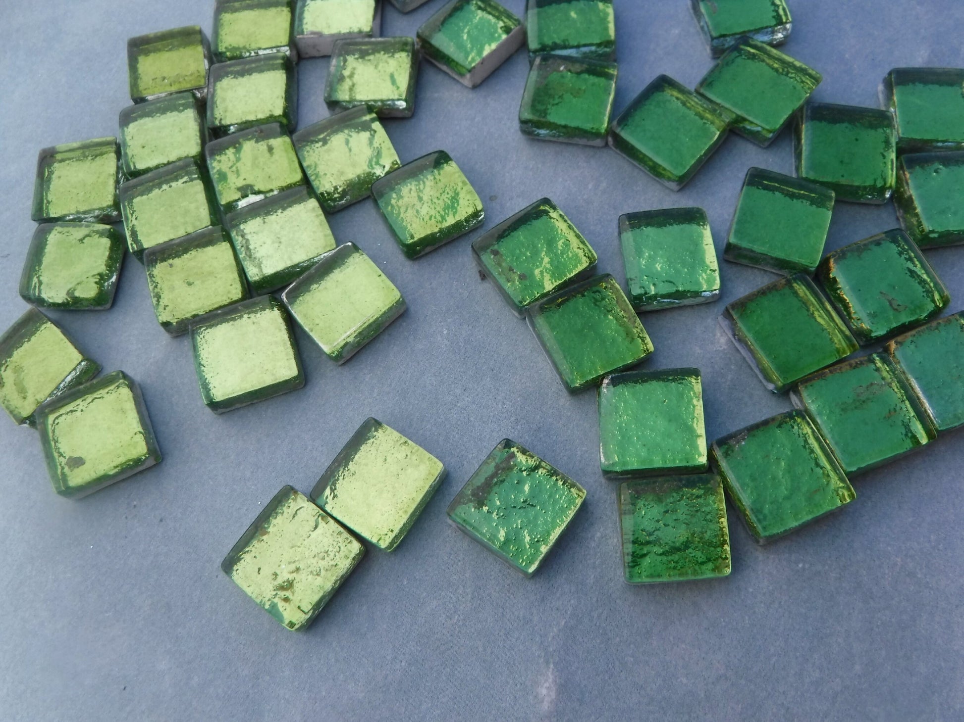 Green Foil Square Crystal Tiles - 12mm - 50g Metallic Glass Tiles in Chartreuse