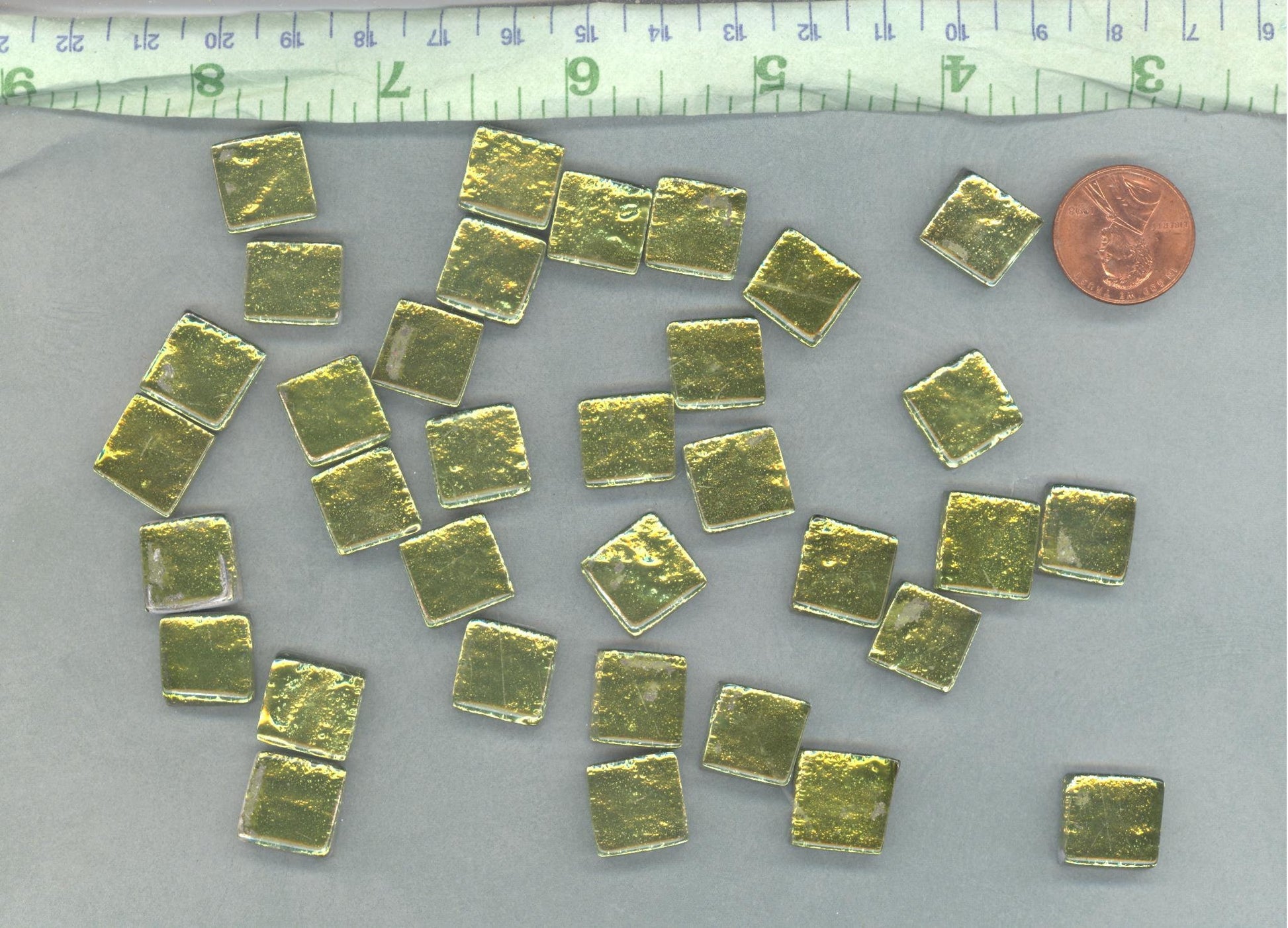 Green Foil Square Crystal Tiles - 12mm - 50g Metallic Glass Tiles in Chartreuse