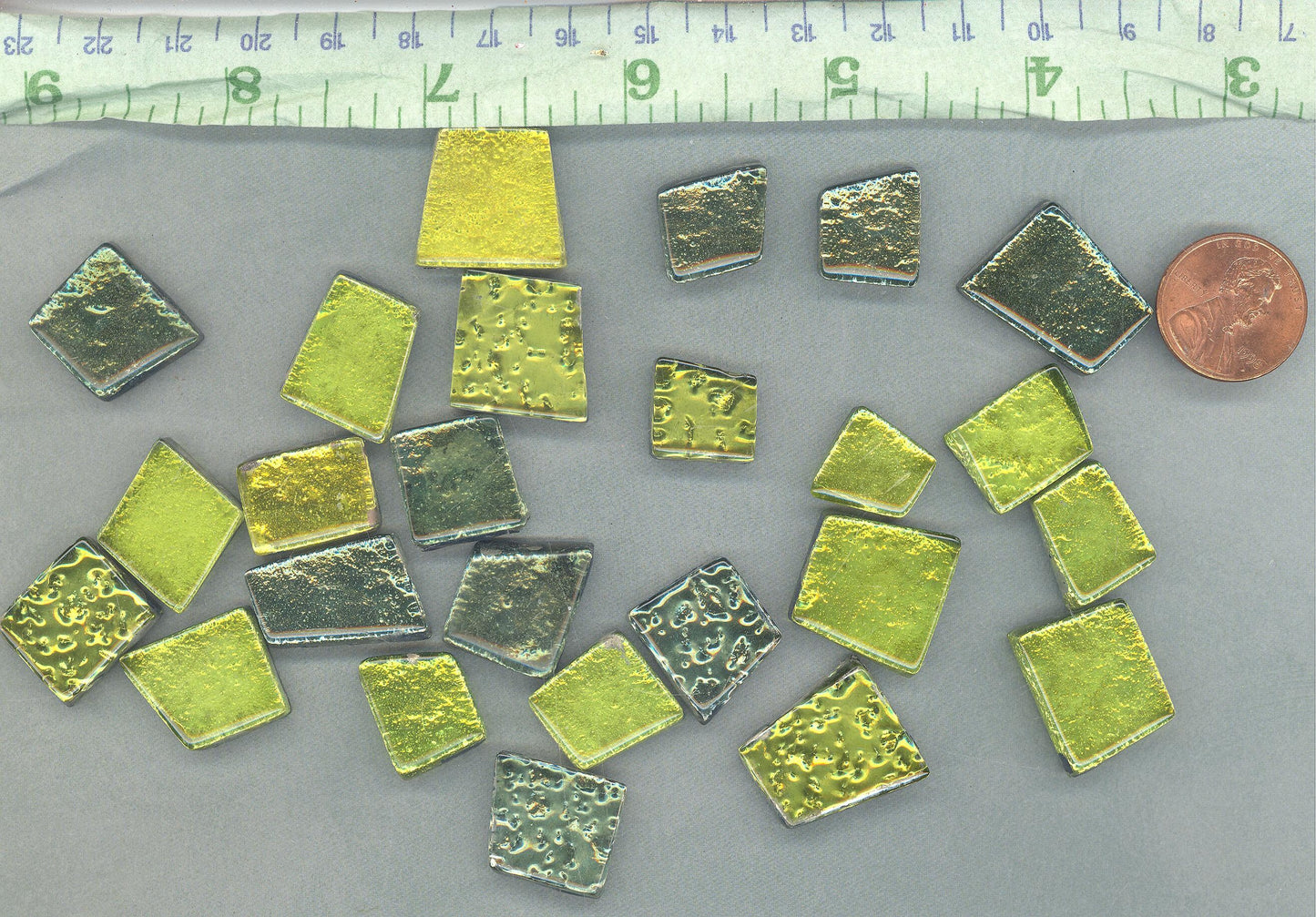 Green and Yellow Metallic Foil Glass Tiles - Assorted Shapes - 50 grams in Pandora Green
