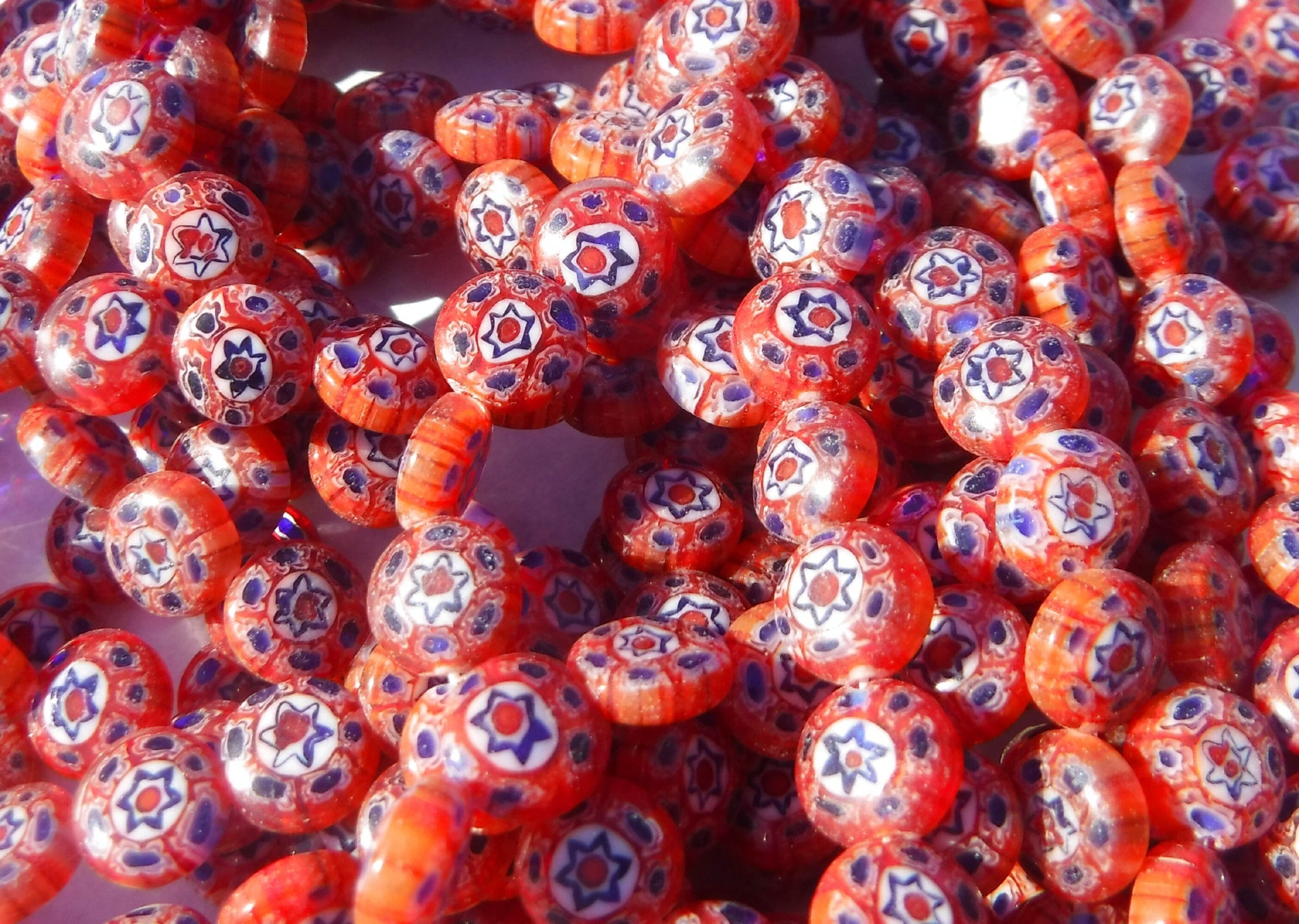 Red and Blue Millefiori Glass Beads - 8mm - Use in Mosaics - Supplies to Create Jewelry