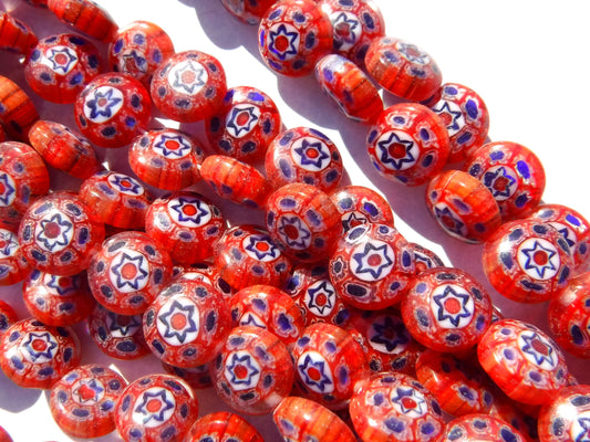 Red and Blue Millefiori Glass Beads - 8mm - Use in Mosaics - Supplies to Create Jewelry