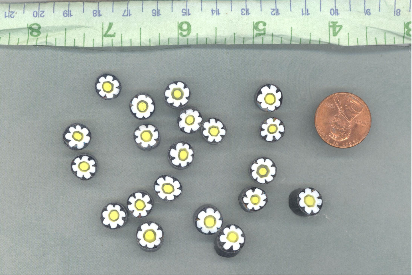 White Daisy in Black Millefiori - 25 grams - Unique Mosaic Glass Tiles - Floral Pattern