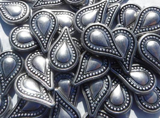 Large Metallic Tear Drop Beads - Silver-Toned 25mm Detailed Beads