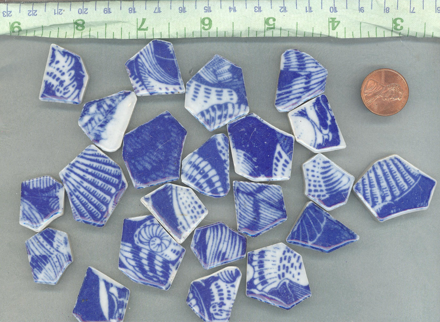 Blue and White Chunky Mosaic Tiles with Sea Shell Patterns - Half Pound