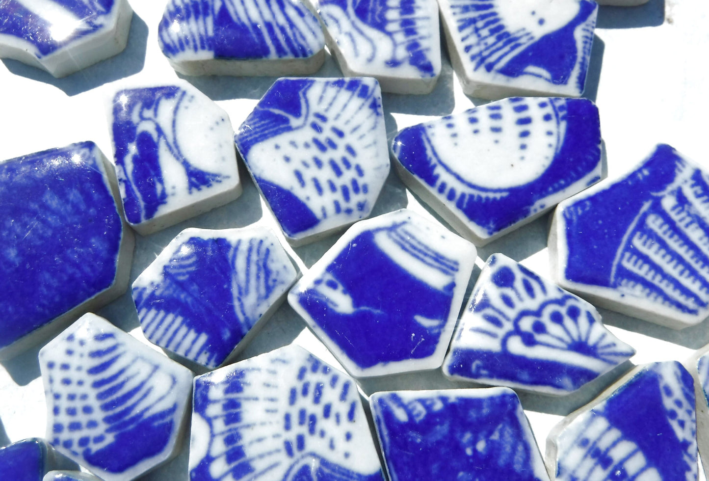 Blue and White Chunky Mosaic Tiles with Sea Shell Patterns - Half Pound