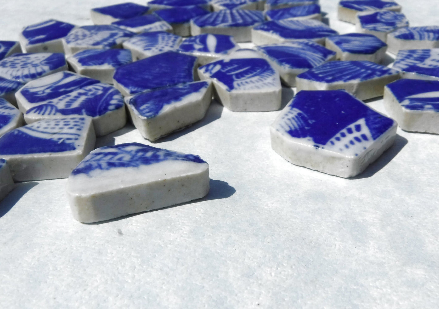 Blue and White Chunky Mosaic Tiles with Sea Shell Patterns - Half Pound