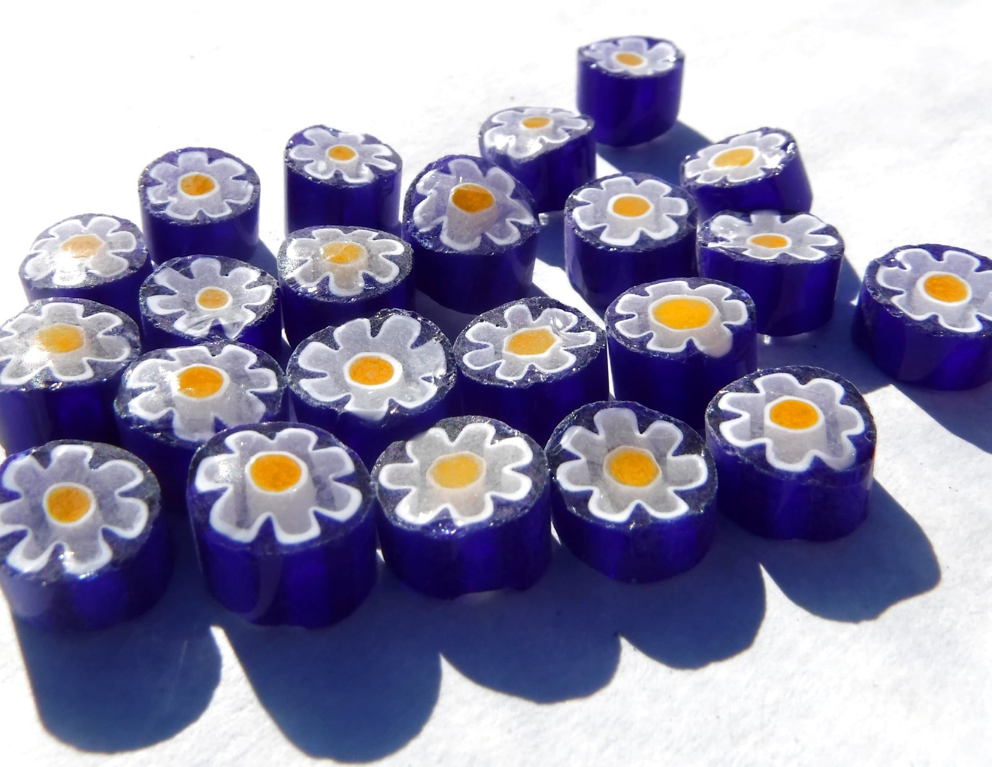 White Daisy in Bright Blue Millefiori - 25 grams - Glass Tiles - Floral Pattern