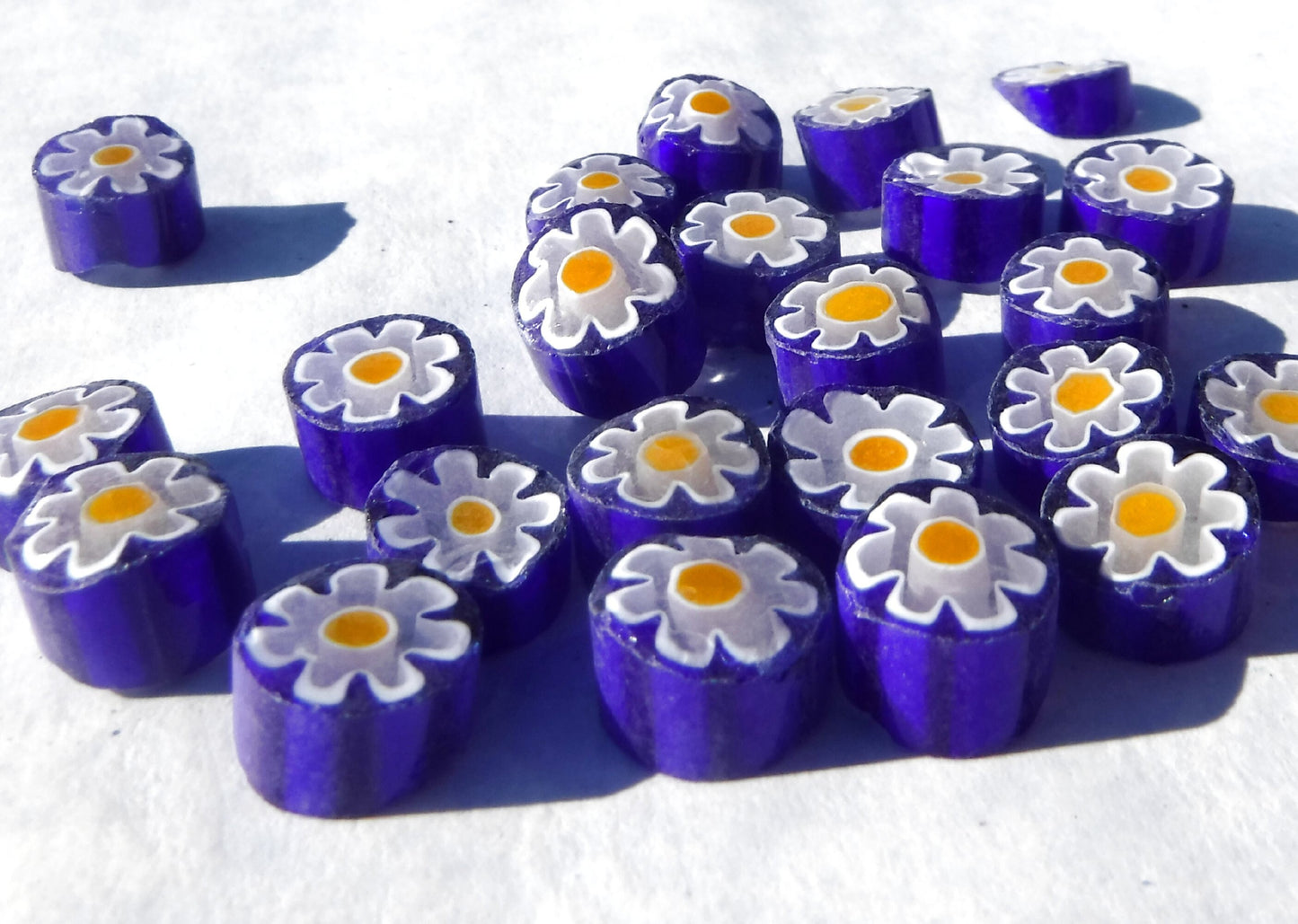 White Daisy in Bright Blue Millefiori - 25 grams - Glass Tiles - Floral Pattern