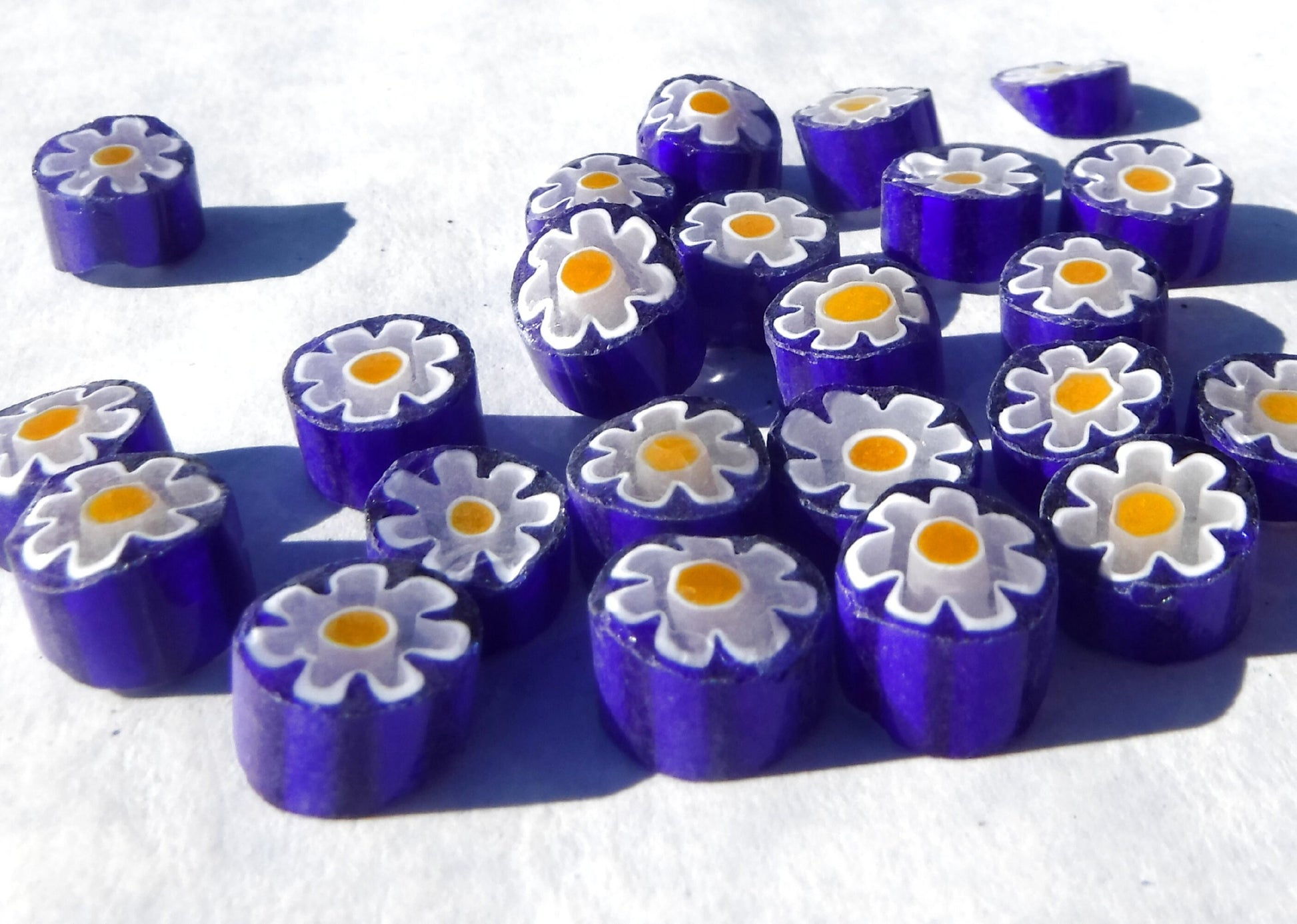 White Daisy in Bright Blue Millefiori - 25 grams - Glass Tiles - Floral Pattern