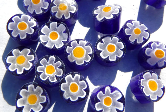 White Daisy in Bright Blue Millefiori - 25 grams - Glass Tiles - Floral Pattern