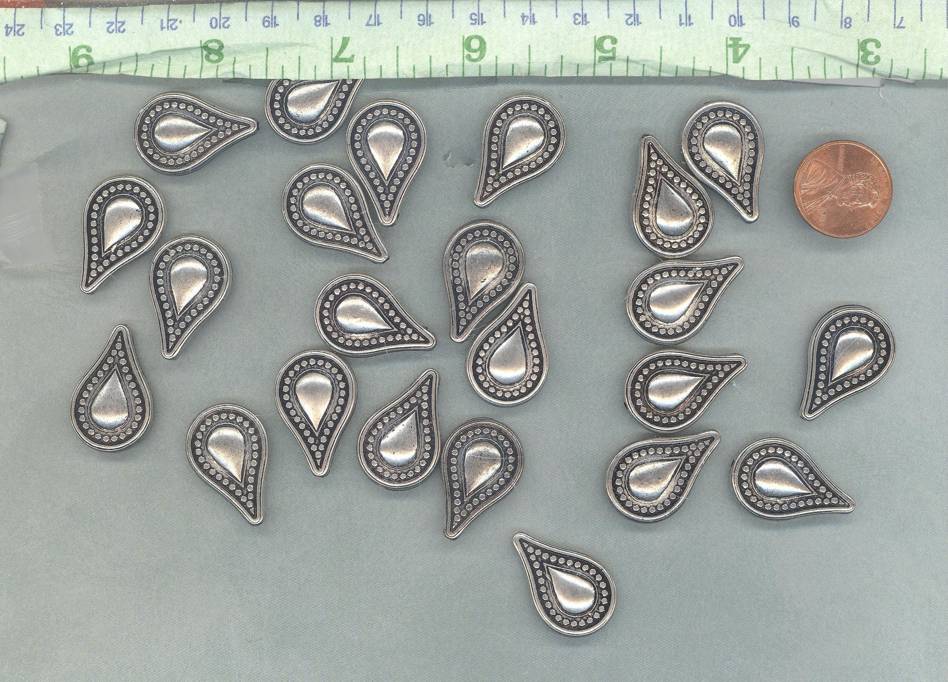 Large Metallic Tear Drop Beads - Silver-Toned 25mm Detailed Beads