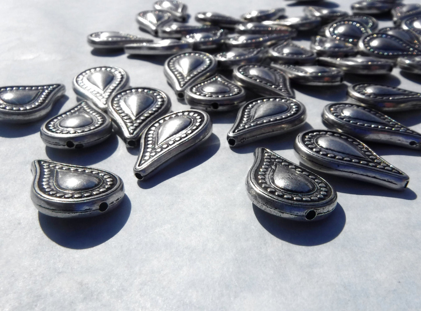 Large Metallic Tear Drop Beads - Silver-Toned 25mm Detailed Beads