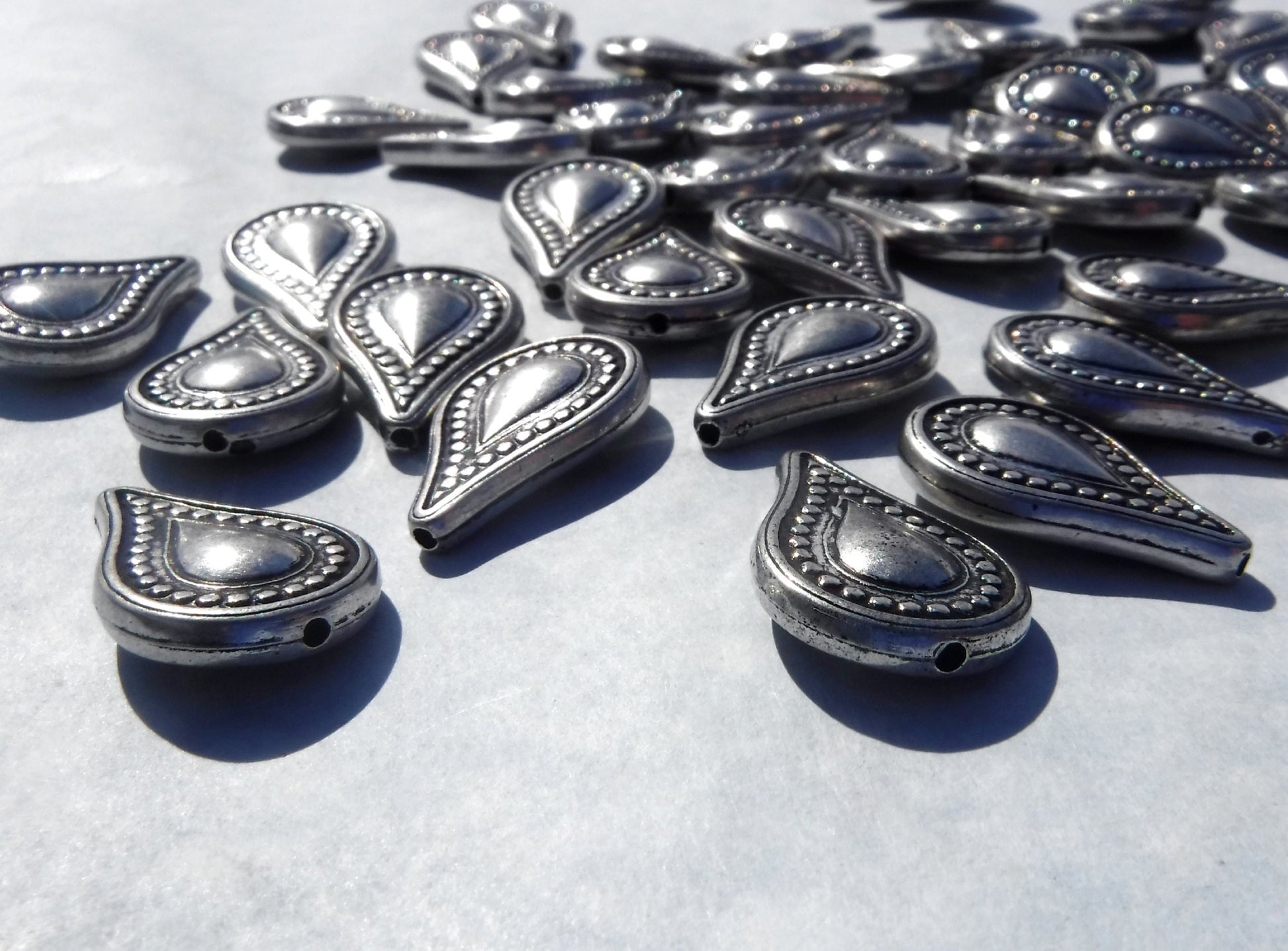 Large Metallic Tear Drop Beads - Silver-Toned 25mm Detailed Beads
