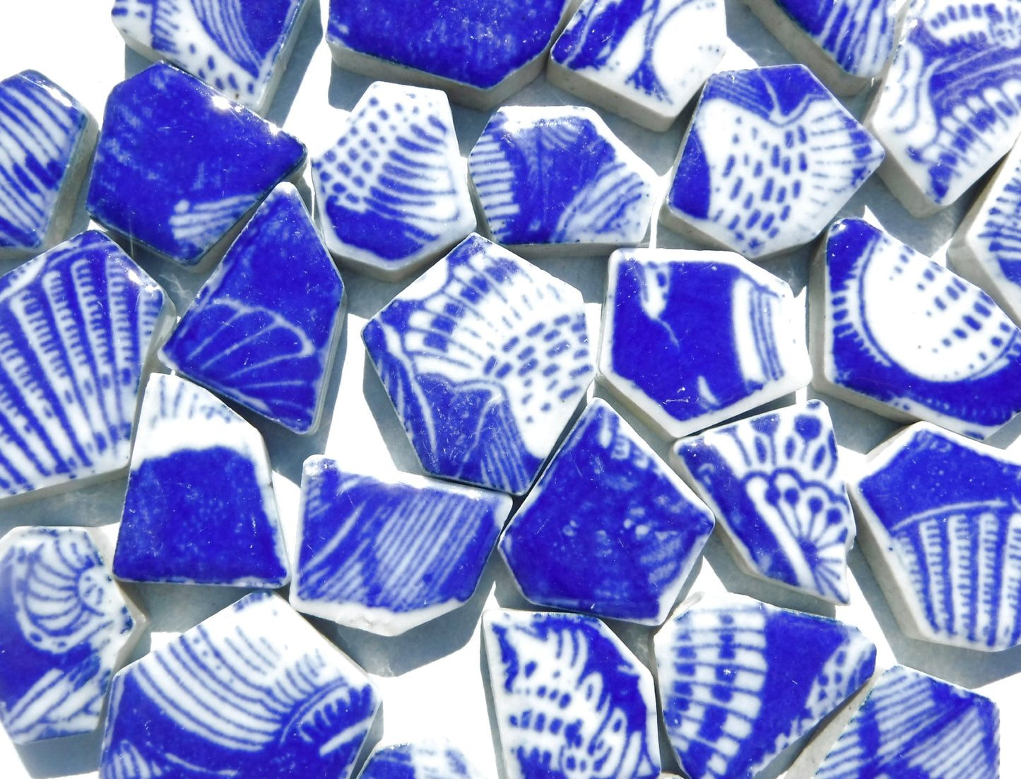 Blue and White Chunky Mosaic Tiles with Sea Shell Patterns - Half Pound