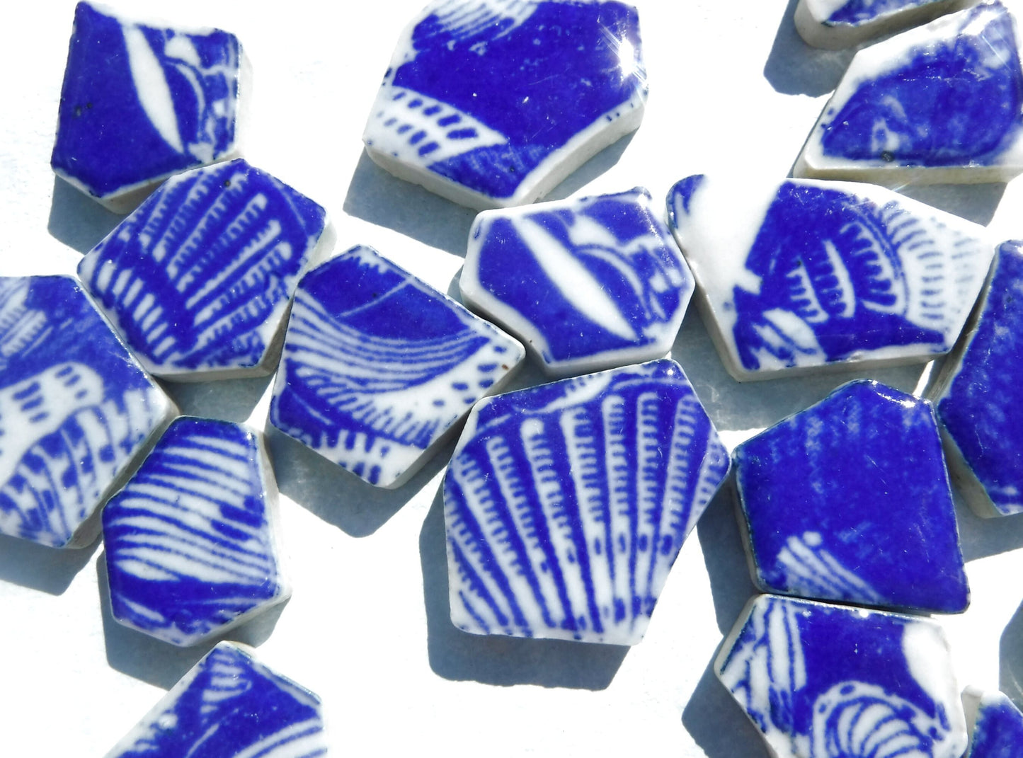 Blue and White Chunky Mosaic Tiles with Sea Shell Patterns - Half Pound